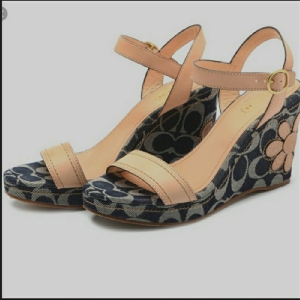 COACH Kori Denim Fleshtone Flower Patchwork Wedge